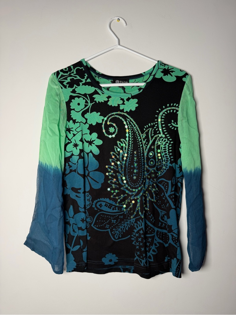 Y2K Papa Flowy Sleeve Shirt Whimsy Festival Women’s Medium Green Blue